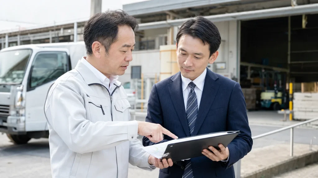 物流設備会社の承継相談で設備とルートを確認する場面