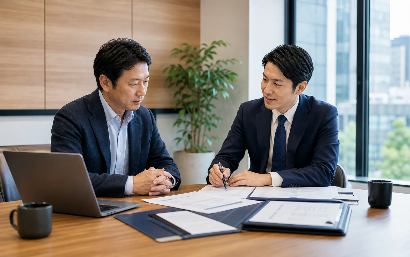 会社売却に向けた資料を経営者と確認している様子