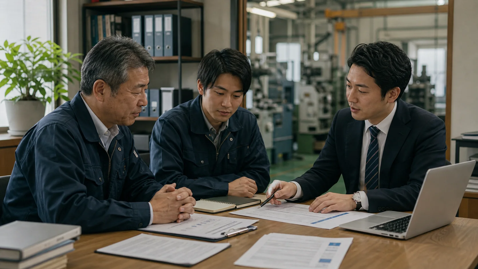 事業承継の選択肢について経営者と資料を確認している様子