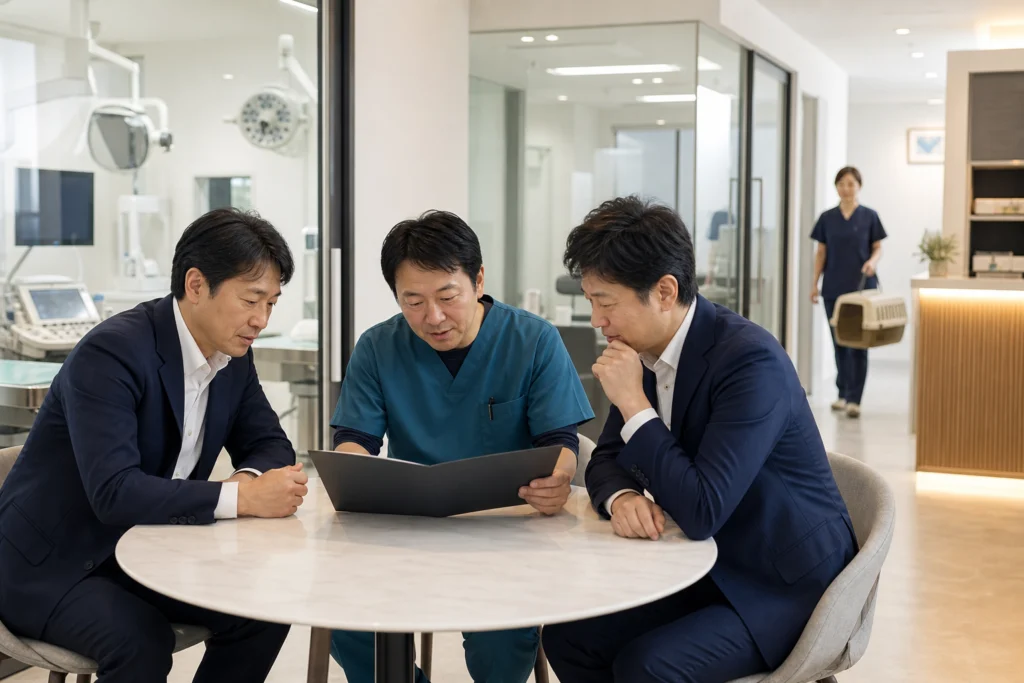 診療施設で資料を確認する打合せのイメージ