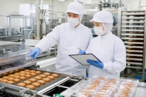 菓子製造会社のM&Aで焼菓子の製造工程と品質記録を確認する工場責任者と品質担当者