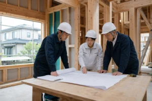注文住宅会社のM&Aで未成工事と設計図を確認する現場責任者・建築士・会社経営者