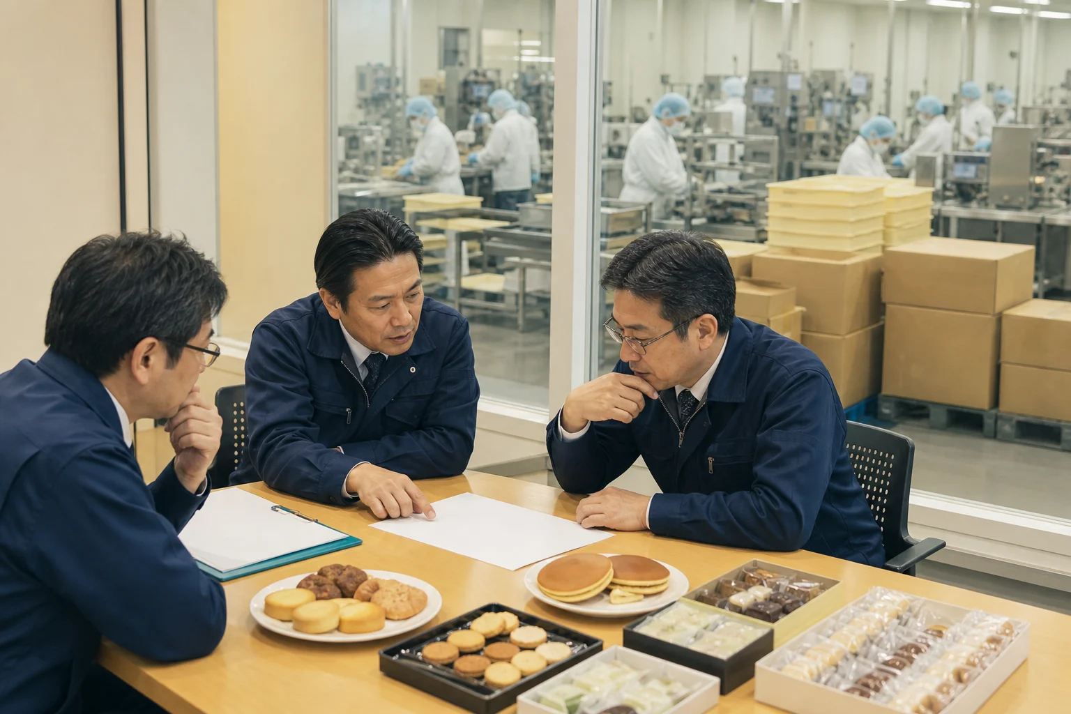 菓子と資料を並べて生産について話し合うイメージ