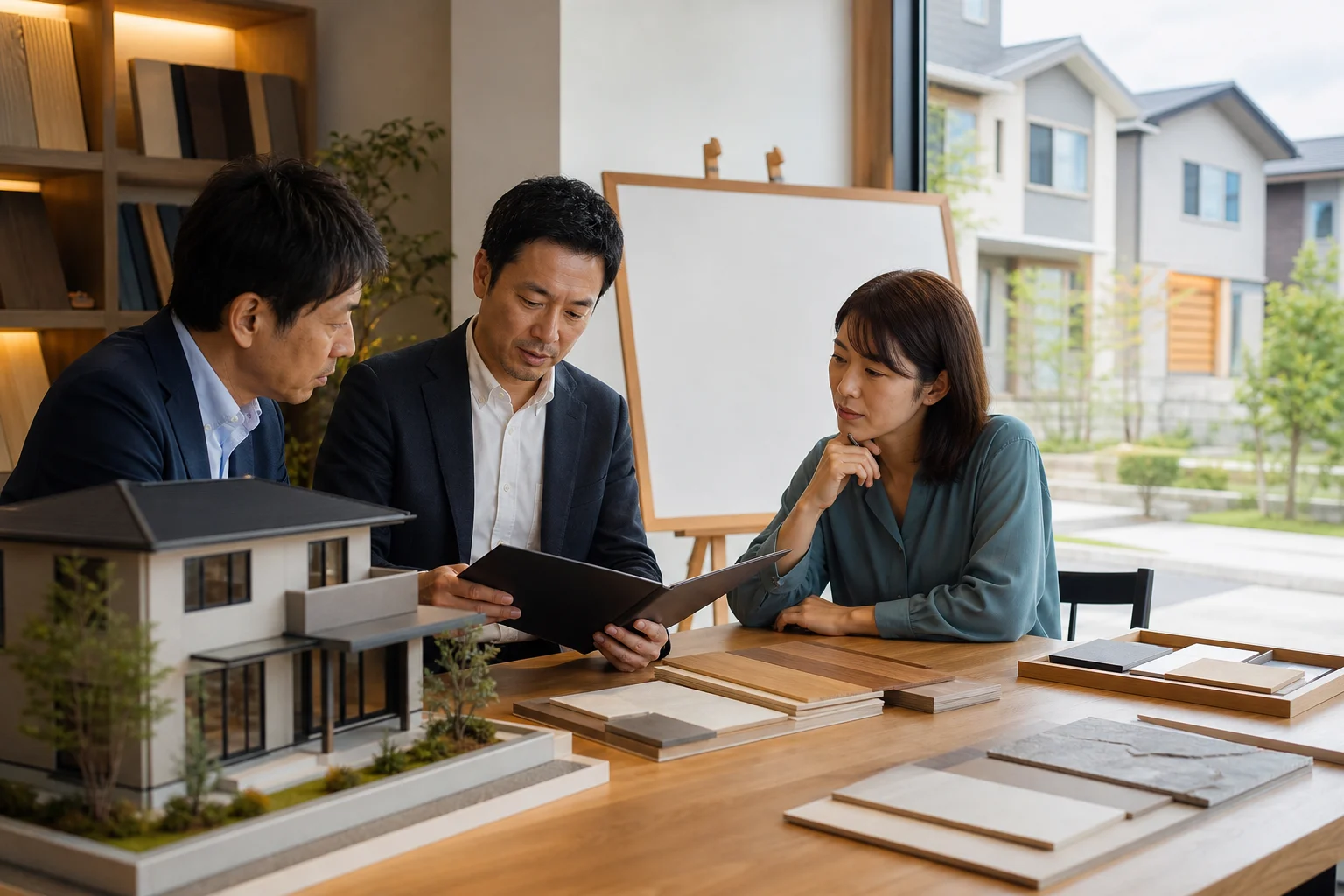 住宅模型と資料を確認する打合せのイメージ