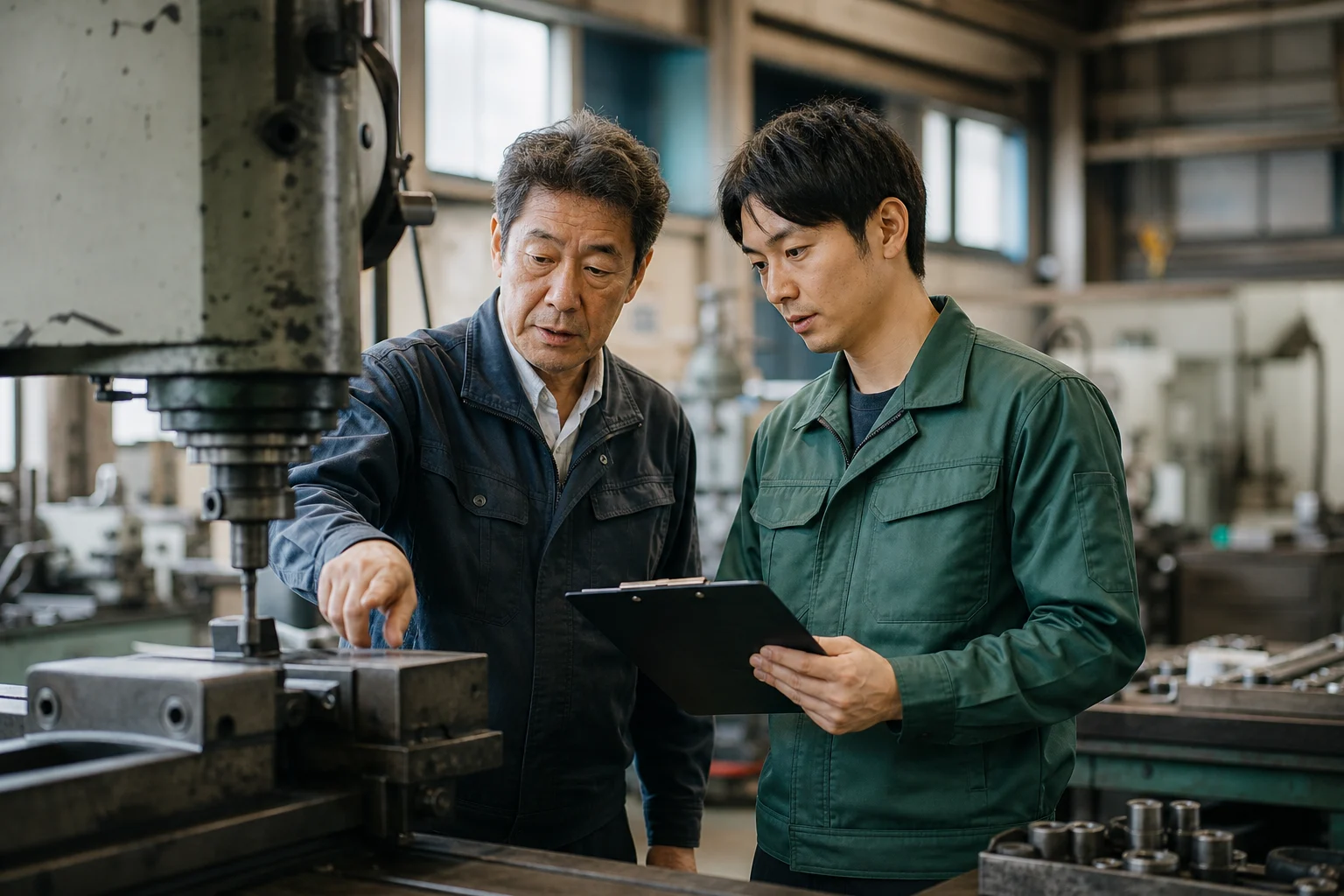 製造現場で設備と技術の引継ぎについて確認する経営者と次世代の担い手