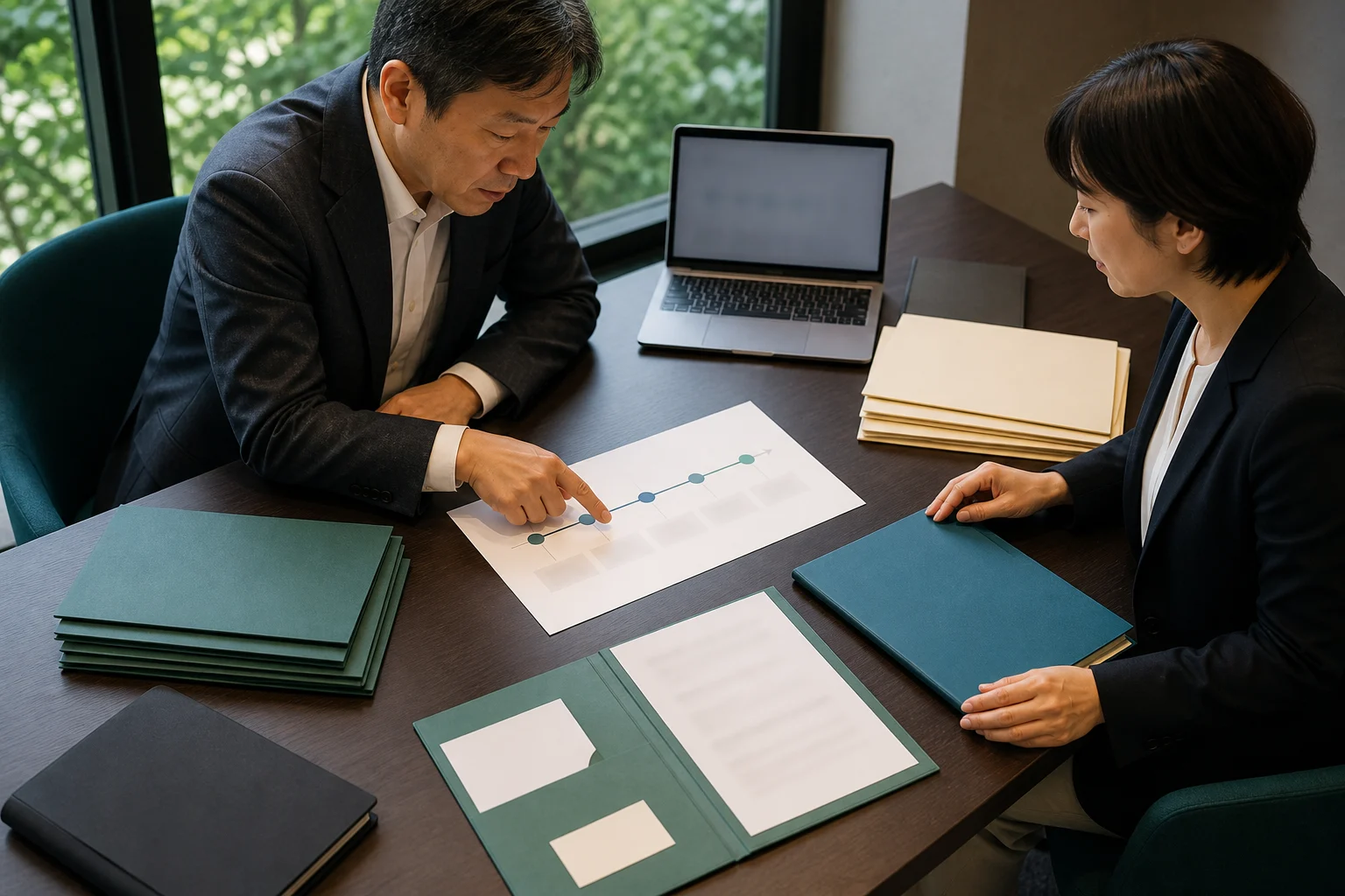 秘密保持を前提に会社情報の開示手順を整理する経営者と担当者